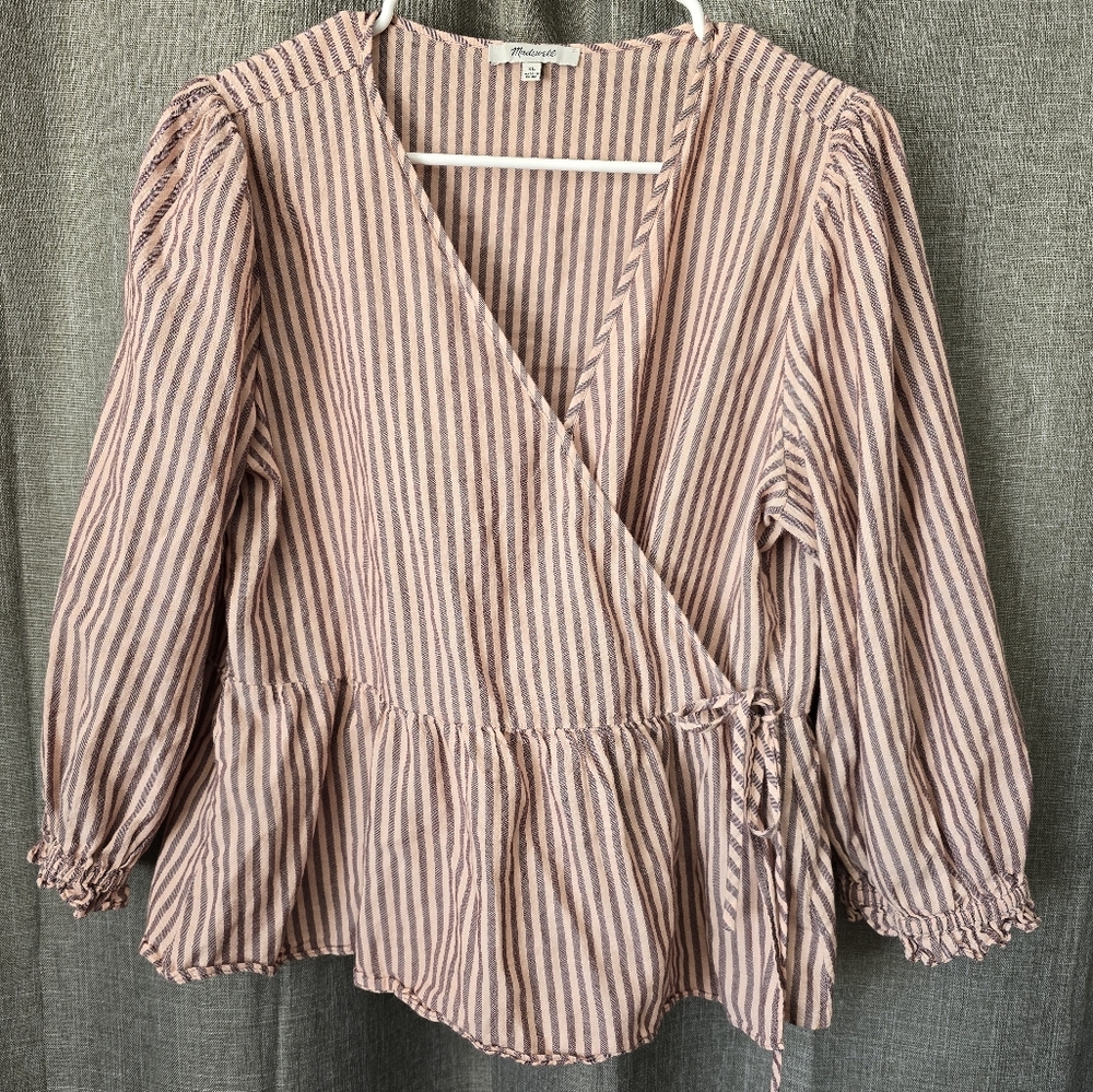Madewell Pink and Brown Striped Wrap Peplum Blouse